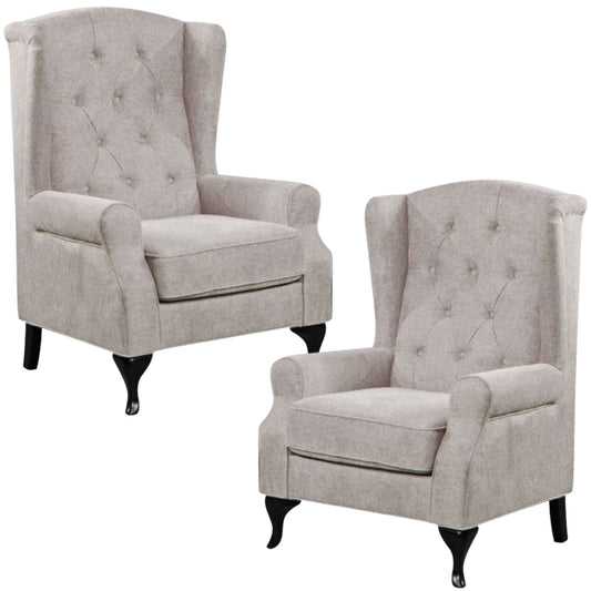 Mellowly Set of 2 Wing Back Chair Sofa Fabric Chesterfield Armchair  - Beige - Cosy Abode