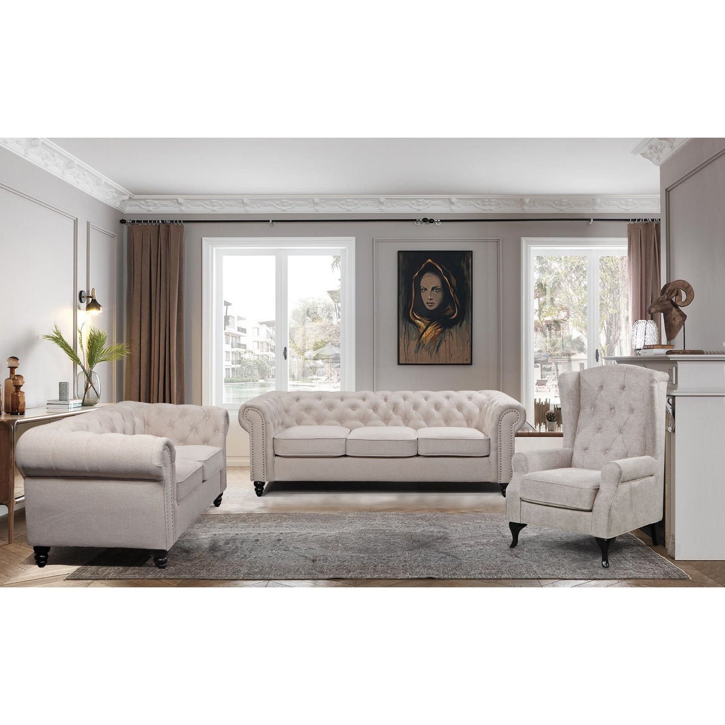 Mellowly Set of 2 Wing Back Chair Sofa Fabric Chesterfield Armchair  - Beige - Cosy Abode