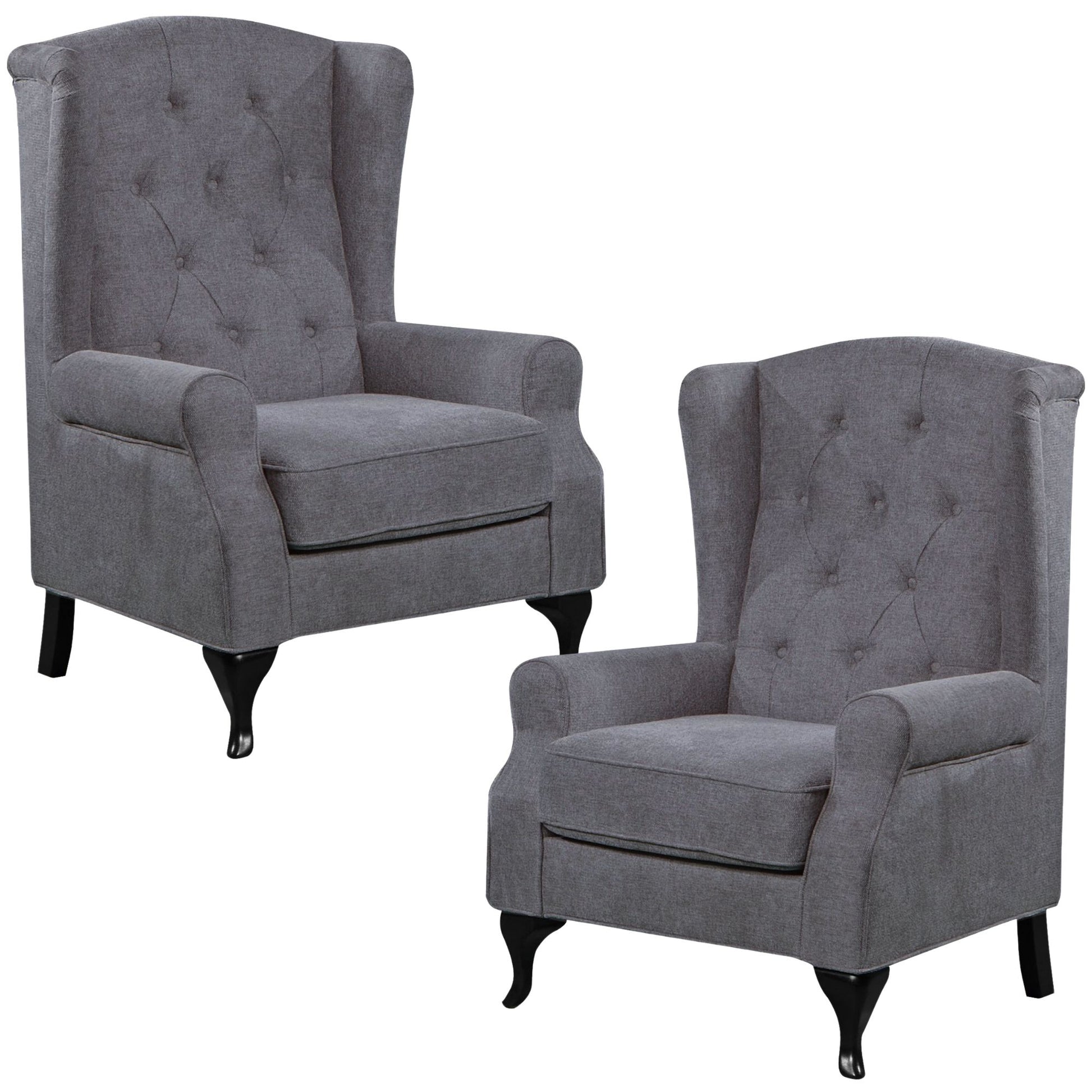 Mellowly Set of 2 Wing Back Chair Sofa Fabric Chesterfield Armchair  - Grey - Cosy Abode