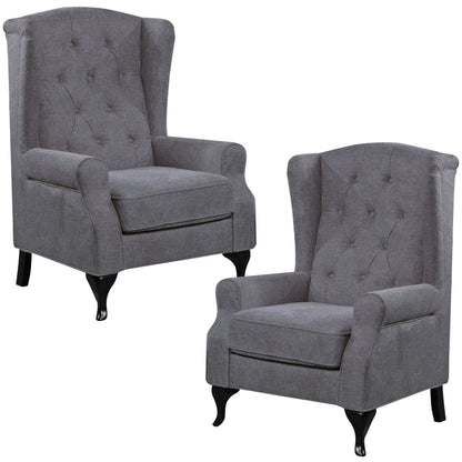 Mellowly Set of 2 Wing Back Chair Sofa Fabric Chesterfield Armchair  - Grey - Cosy Abode