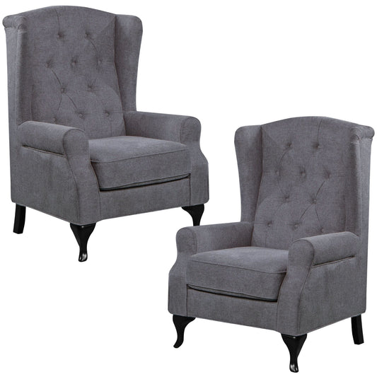Mellowly Set of 2 Wing Back Chair Sofa Fabric Chesterfield Armchair  - Grey - Cosy Abode