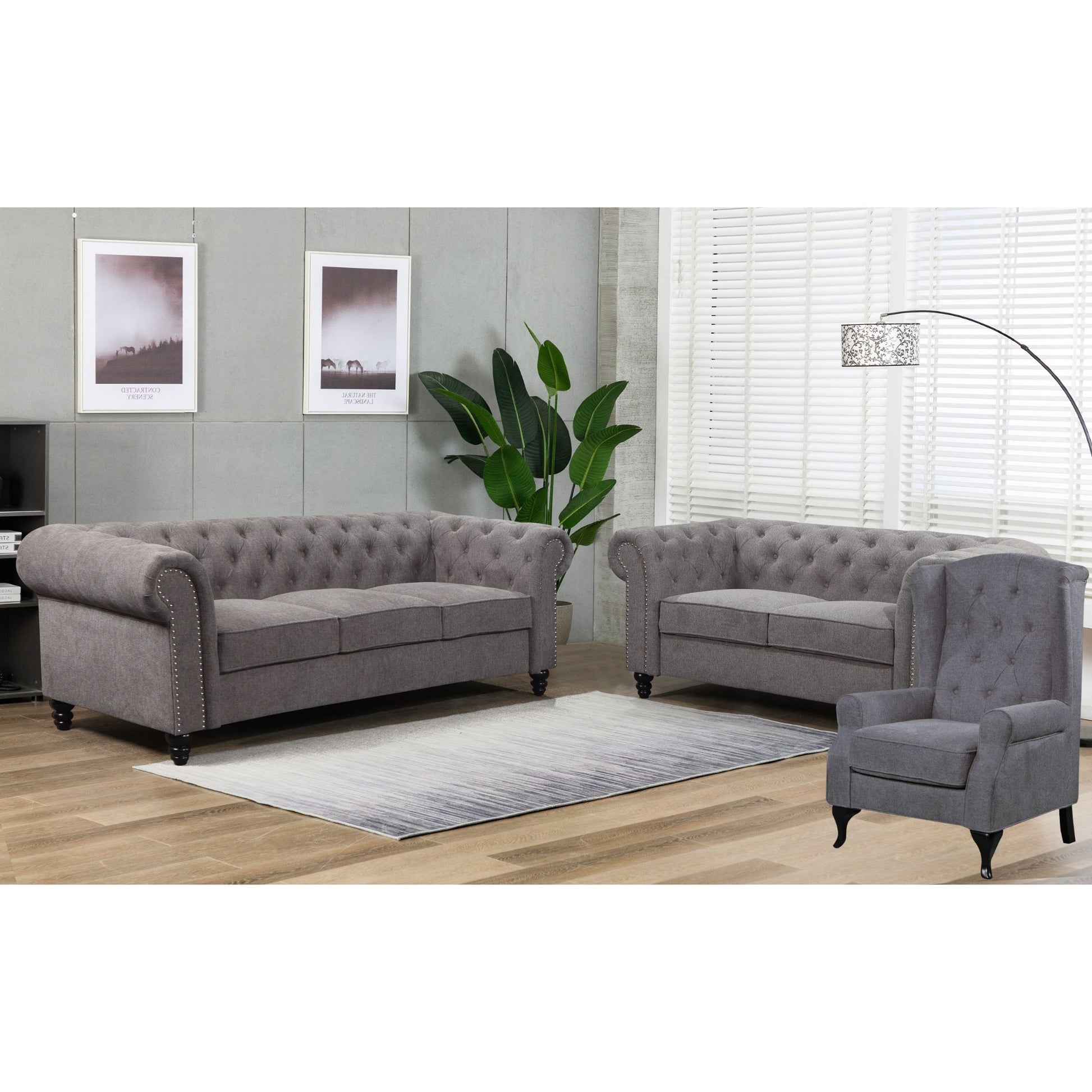 Mellowly Wing Back Chair Sofa Chesterfield Armchair Fabric Uplholstered - Grey - Cosy Abode