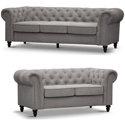 Mellowly 3 + 2 Seater Sofa Fabric Uplholstered Chesterfield Lounge Couch - Grey - Cosy Abode