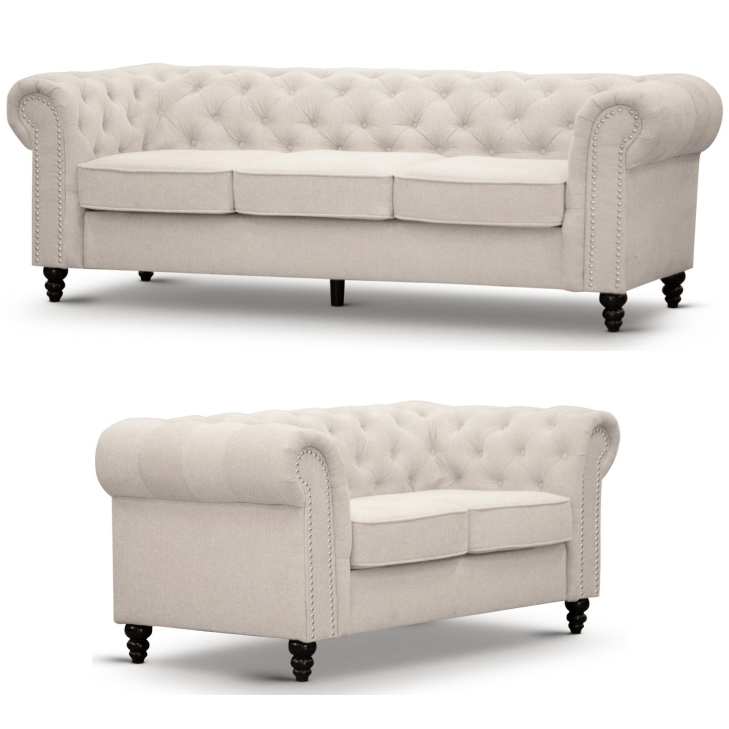 Mellowly 3 + 2 Seater Sofa Fabric Uplholstered Chesterfield Lounge Couch - Beige - Cosy Abode