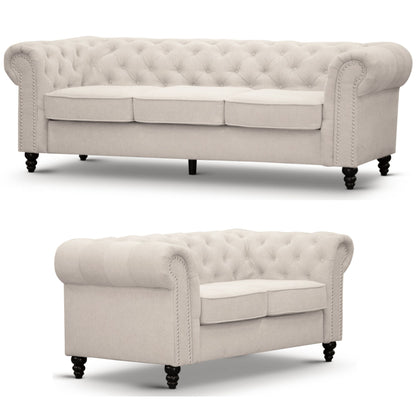 Mellowly 3 + 2 Seater Sofa Fabric Uplholstered Chesterfield Lounge Couch - Beige - Cosy Abode