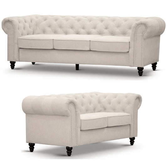 Mellowly 3 + 2 Seater Sofa Fabric Uplholstered Chesterfield Lounge Couch - Beige - Cosy Abode