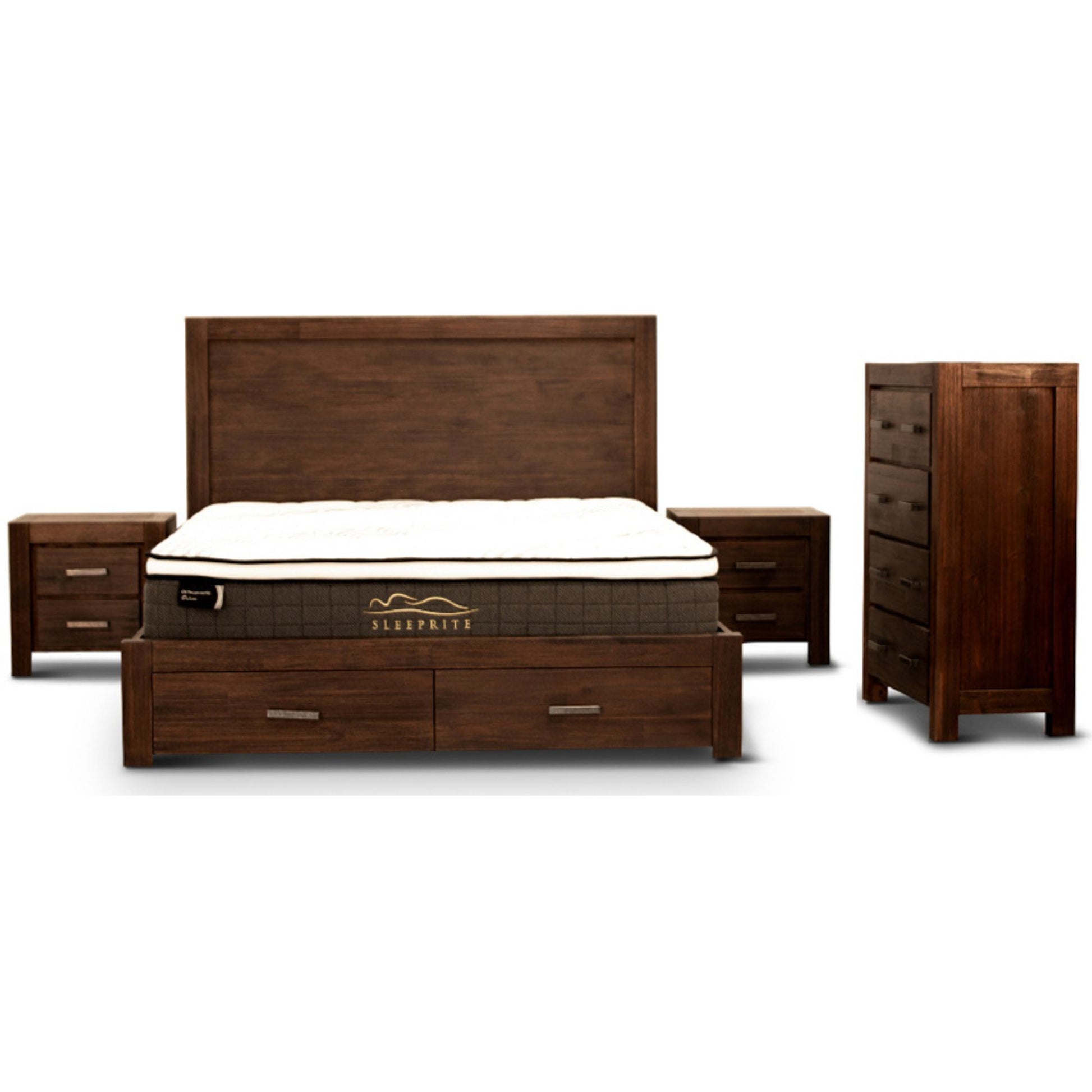 Comfortis 4pc Queen Bed Frame Suite Bedside Tallboy Furniture Package - Walnut - Cosy Abode
