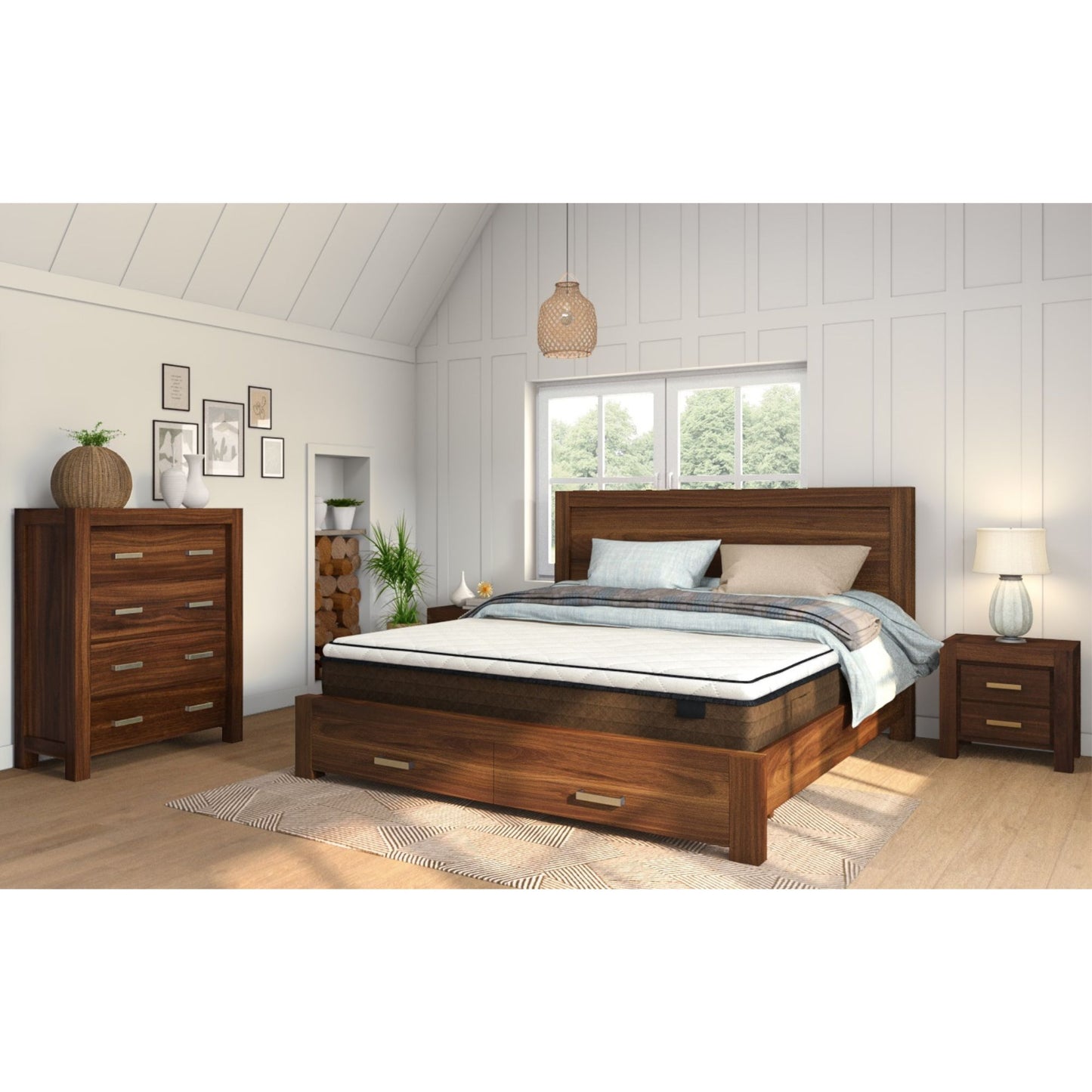 Comfortis 4pc Queen Bed Frame Suite Bedside Tallboy Furniture Package - Walnut - Cosy Abode
