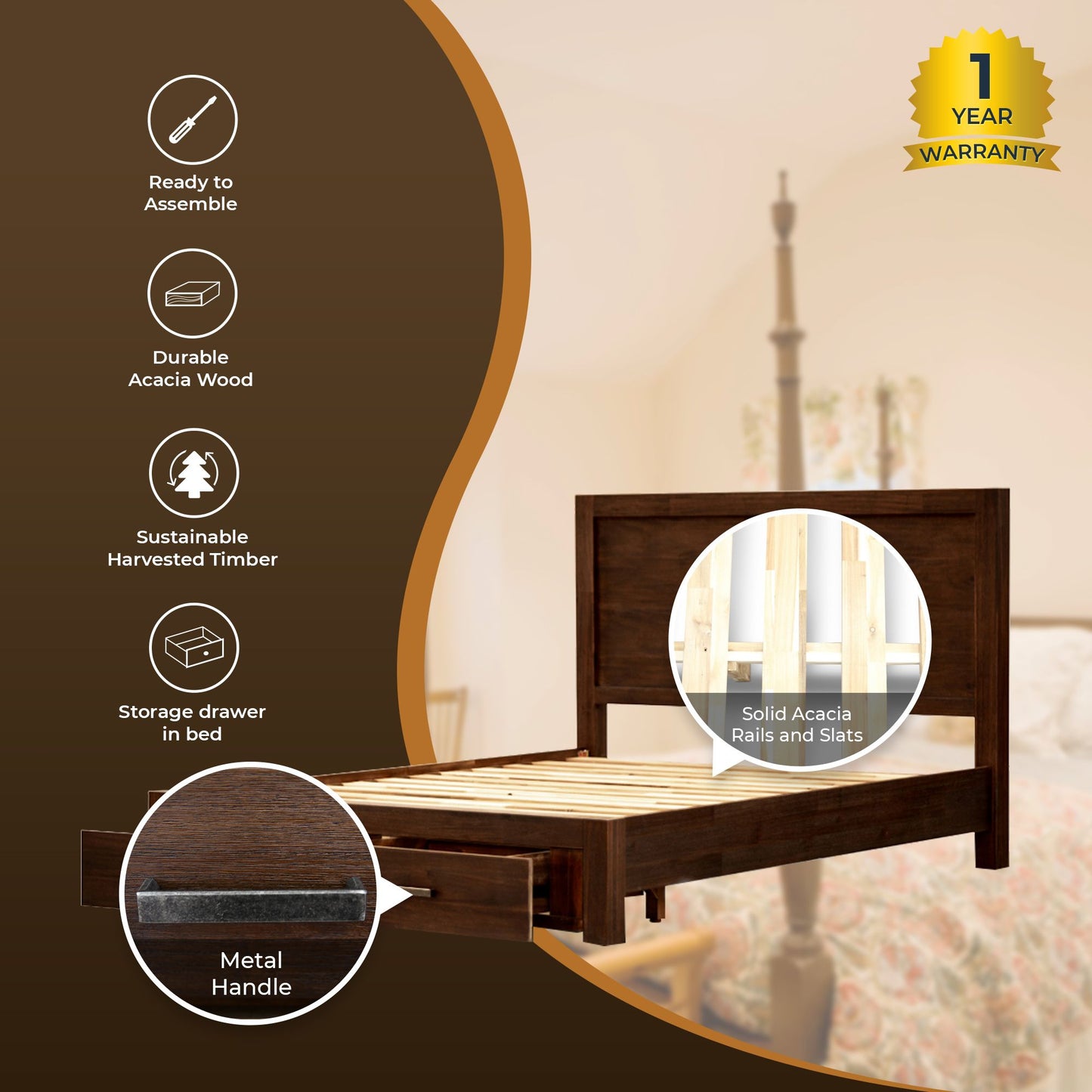 Comfortis 4pc Queen Bed Frame Suite Bedside Tallboy Furniture Package - Walnut - Cosy Abode