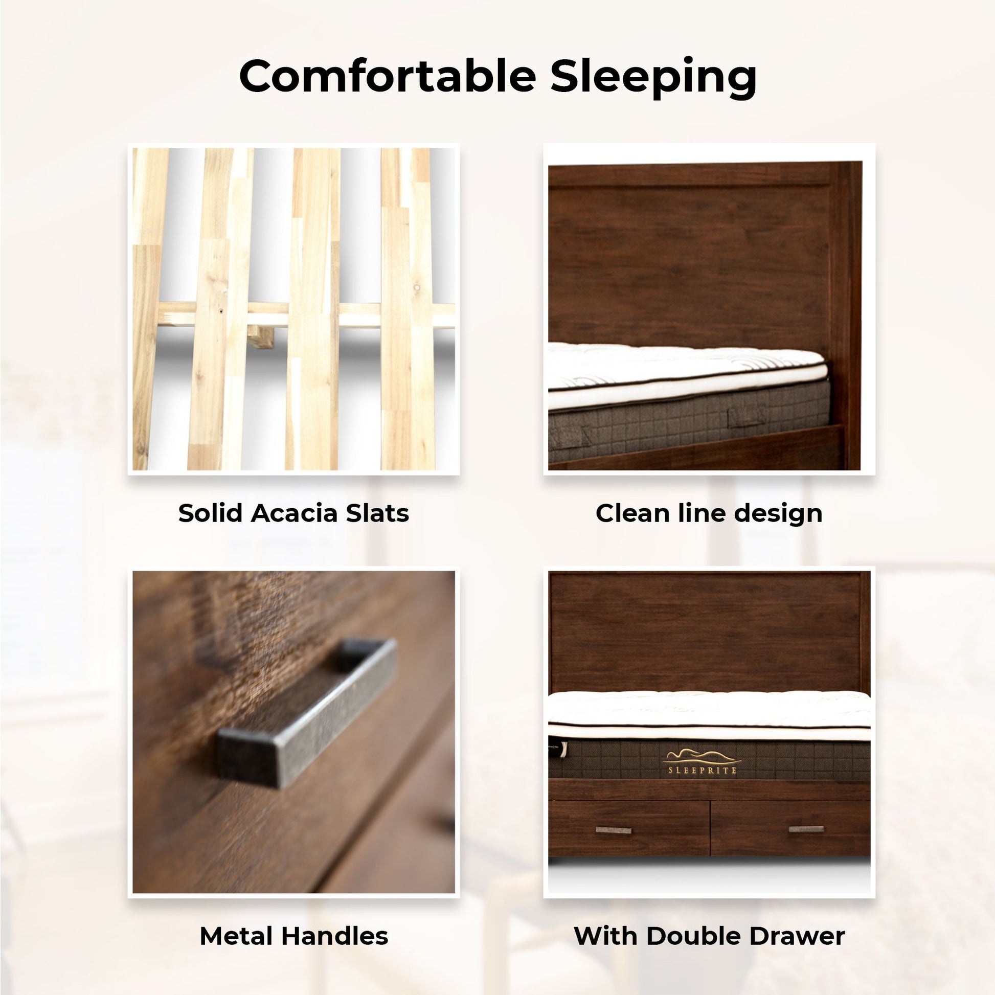 Comfortis 4pc Queen Bed Frame Suite Bedside Tallboy Furniture Package - Walnut - Cosy Abode