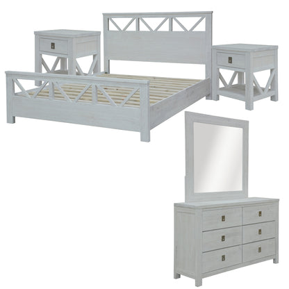 Myer 5pc Double Bed Suite Bedside Dresser Bedroom Furniture Package White Wash - Cosy Abode
