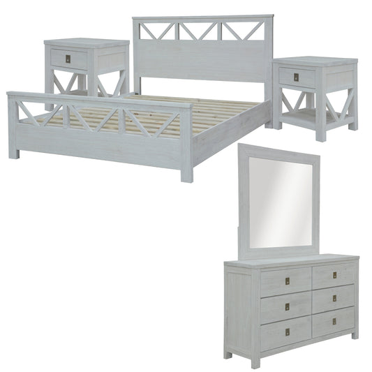 Myer 5pc Double Bed Suite Bedside Dresser Bedroom Furniture Package White Wash - Cosy Abode
