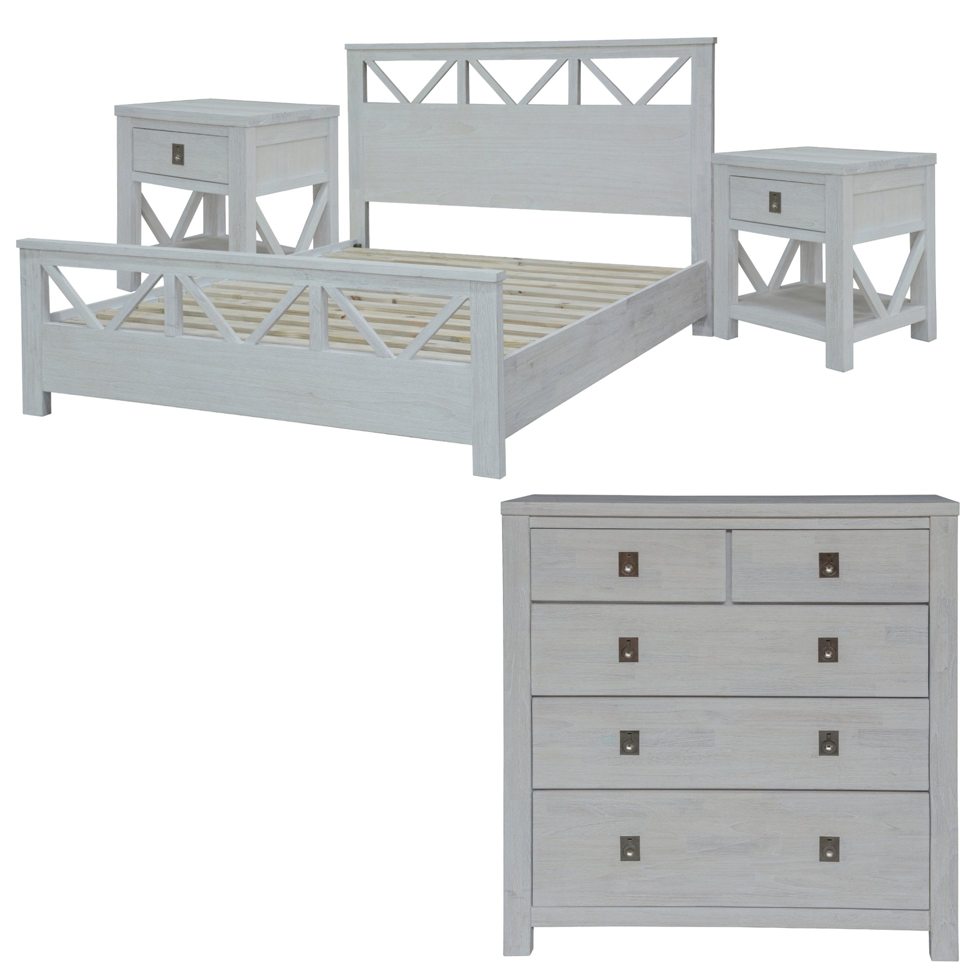 Myer 4pc Double Bed Suite Bedside Tallboy Bedroom Furniture Package White Wash - Cosy Abode