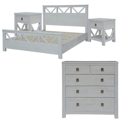 Myer 4pc Double Bed Suite Bedside Tallboy Bedroom Furniture Package White Wash - Cosy Abode