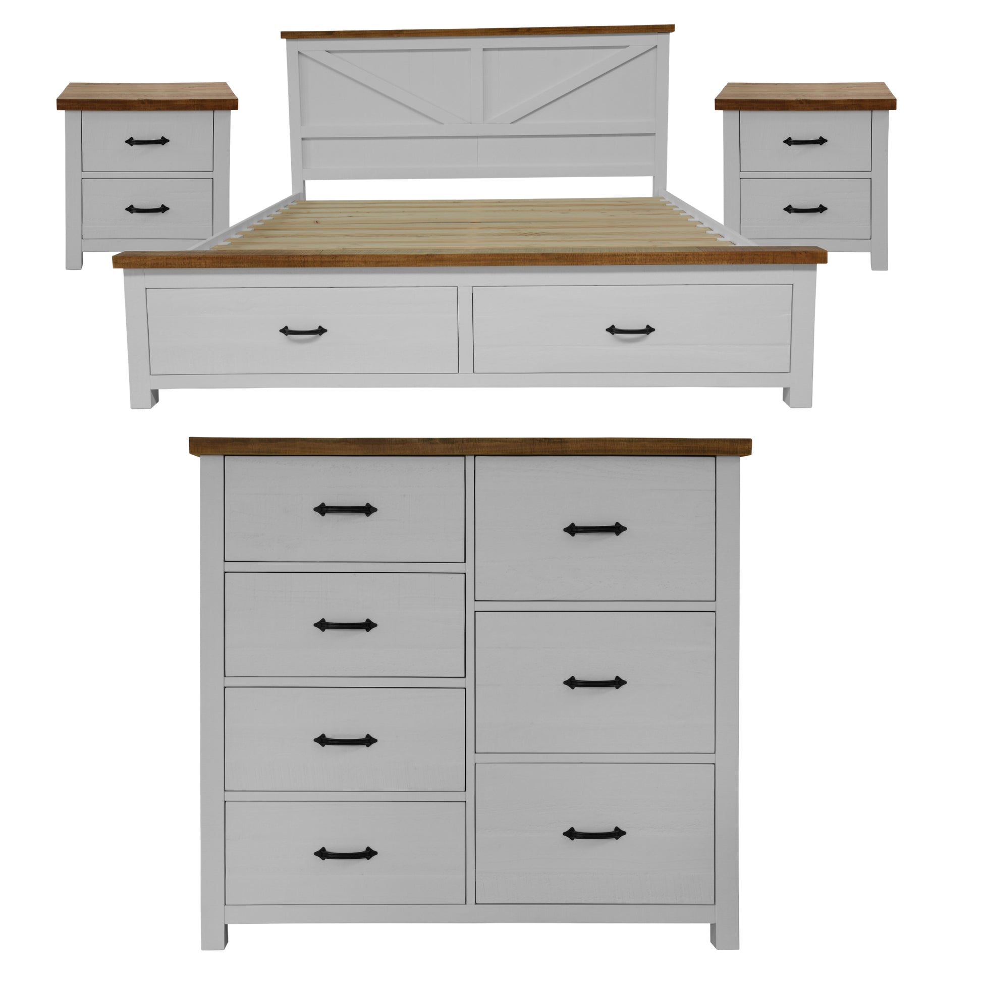 Grandy 4pc King Bed Suite Bedside Tallboy Bedroom Furniture Package White Brown - Cosy Abode