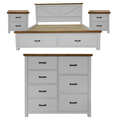 Grandy 4pc King Bed Suite Bedside Tallboy Bedroom Furniture Package White Brown - Cosy Abode