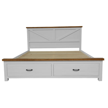Grandy Bed Frame Quen Size Timber Mattress Base With Storage Drawer White Brown - Cosy Abode