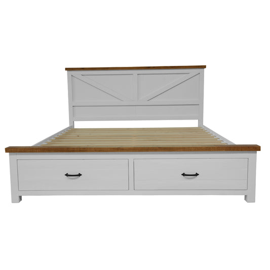 Grandy Bed Frame Quen Size Timber Mattress Base With Storage Drawer White Brown - Cosy Abode