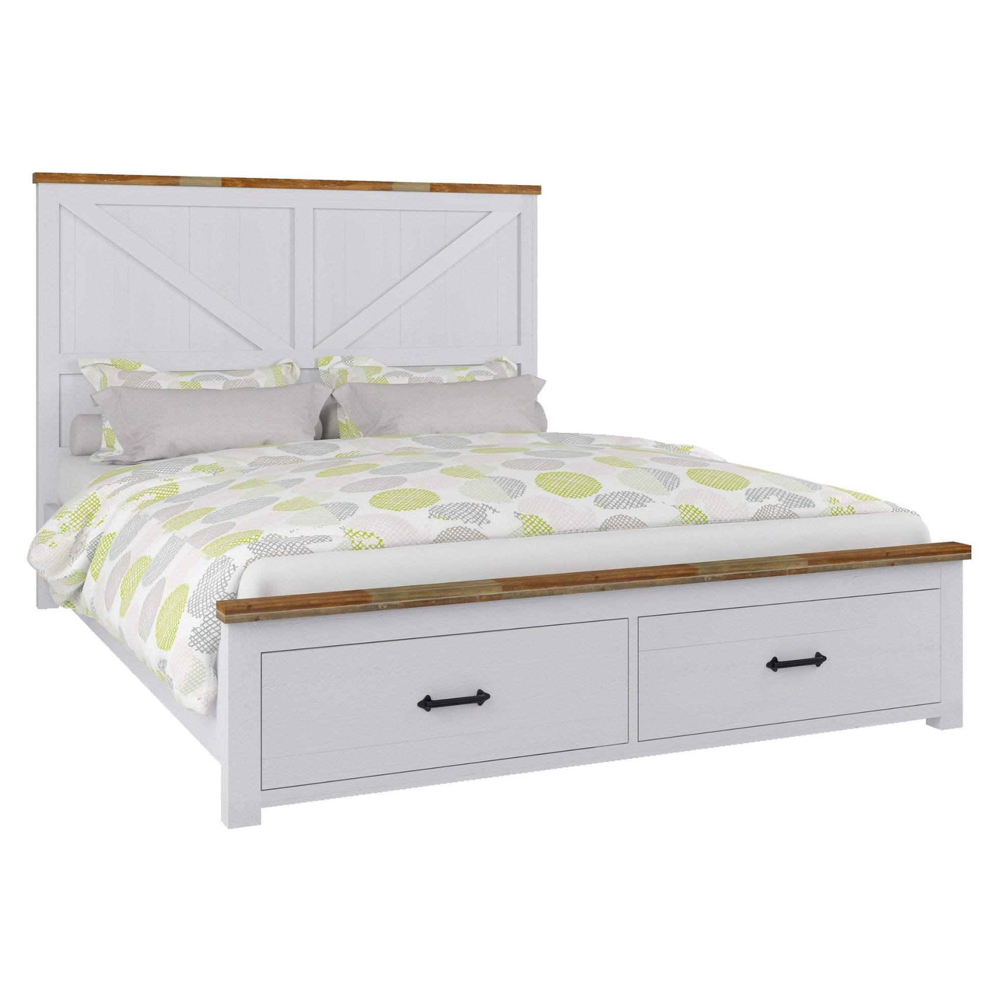Grandy Bed Frame Quen Size Timber Mattress Base With Storage Drawer White Brown - Cosy Abode
