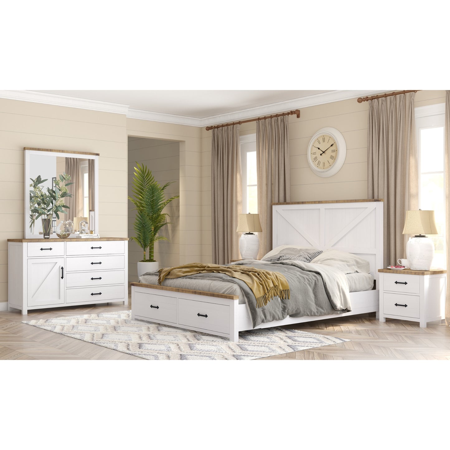 Grandy Bed Frame King Size Timber Mattress Base With Storage Drawers White Brown - Cosy Abode