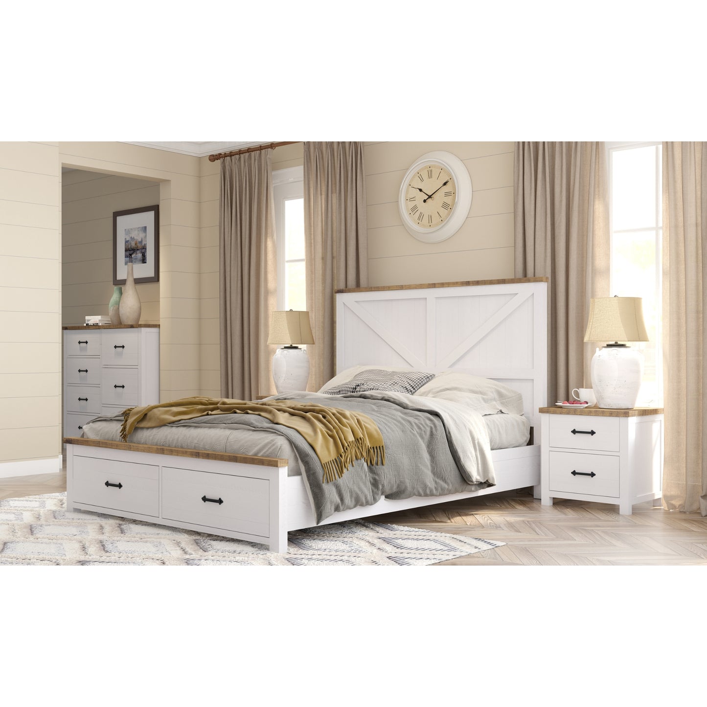 Grandy Bed Frame King Size Timber Mattress Base With Storage Drawers White Brown - Cosy Abode