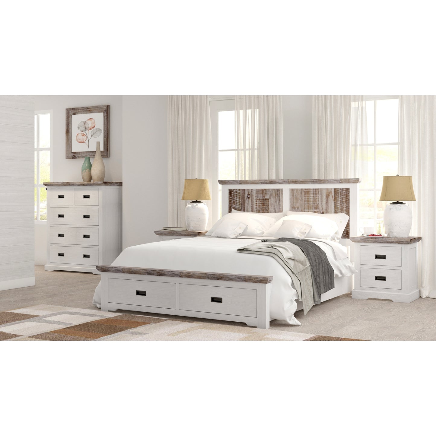 Fiona Bed Frame Queen Size Timber Mattress Base With Storage Drawers White Grey - Cosy Abode