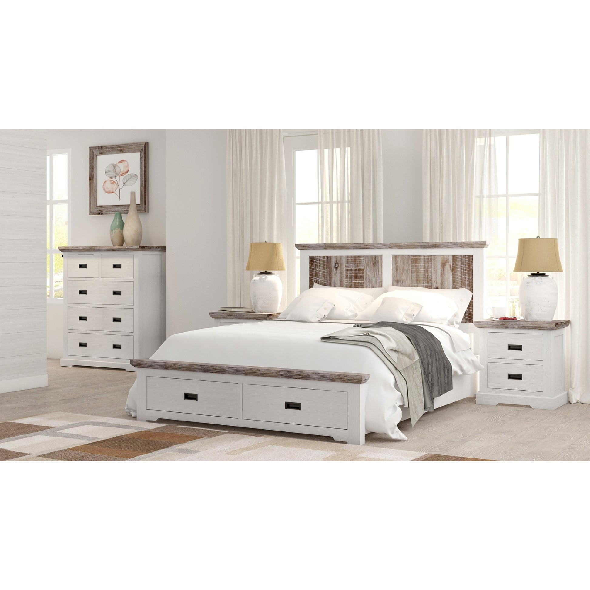 Fiona Bed Frame Queen Size Timber Mattress Base With Storage Drawers White Grey - Cosy Abode