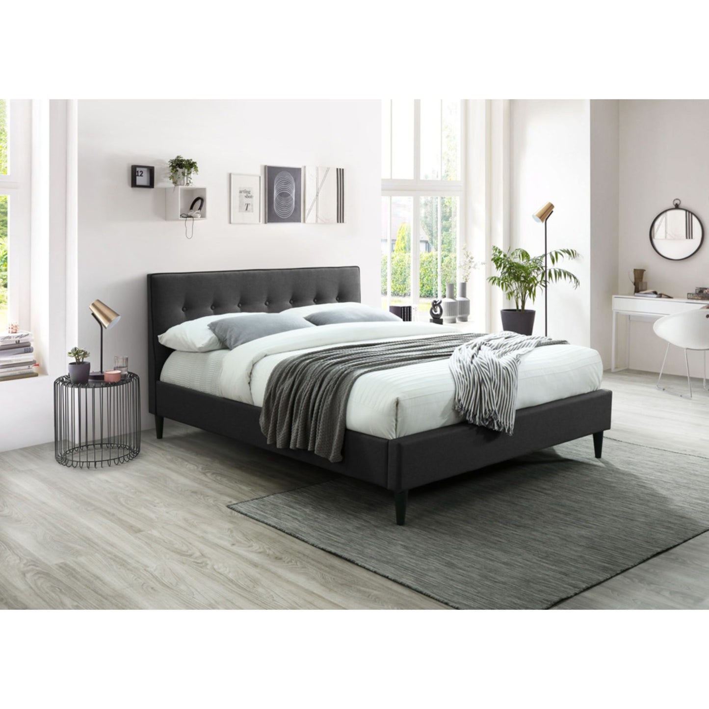 Buttercup Double Size Bed Frame Timber Mattress Base Fabric Upholstered - Grey - Cosy Abode