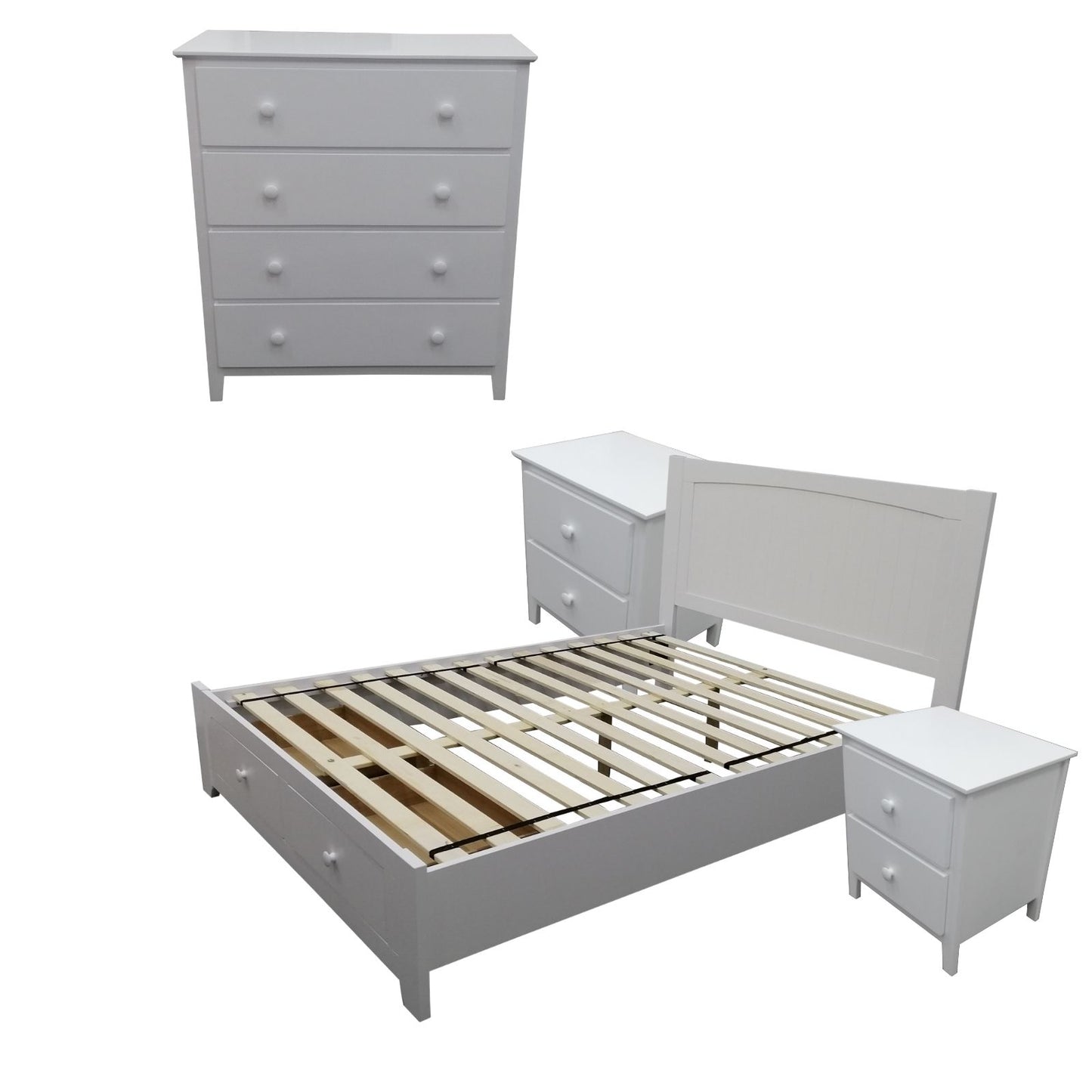 Wisteria 4pc Queen Bed Suite Bedside Tallboy Bedroom Set Furniture Package - WHT - Cosy Abode