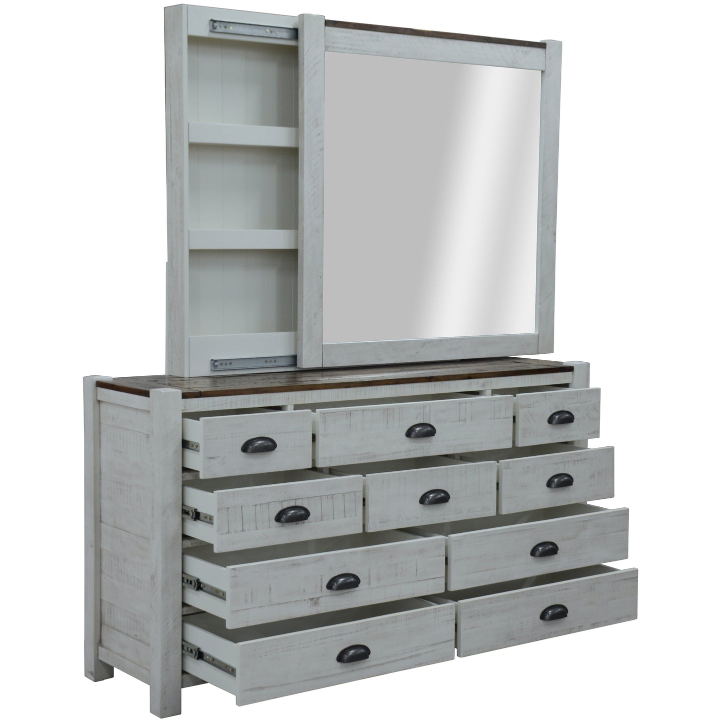 Erica Dresser Mirror Set 10 Chest of Drawers Acacia Timber Cabinet Brown White - Cosy Abode