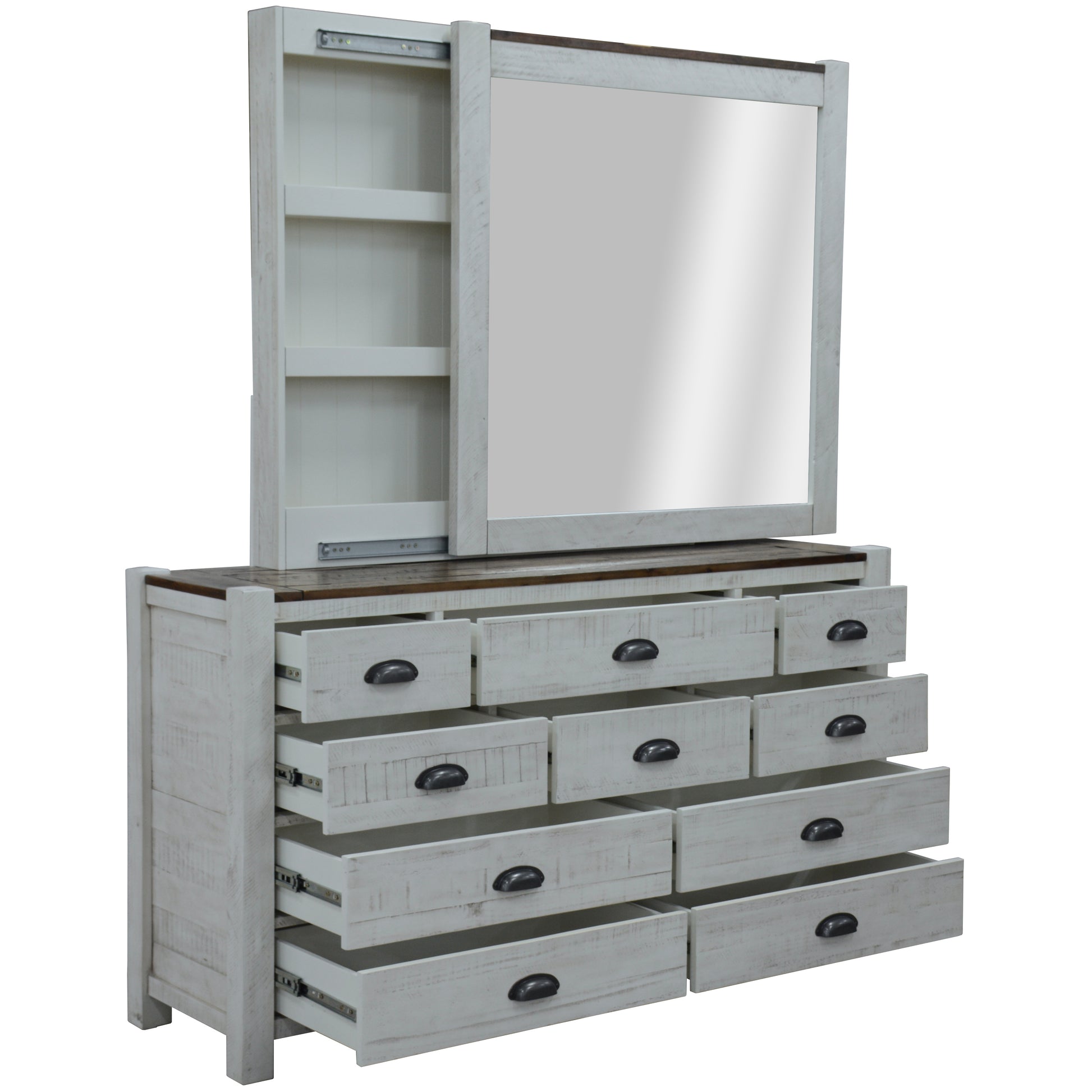 Erica Dresser Mirror Set 10 Chest of Drawers Acacia Timber Cabinet Brown White - Cosy Abode
