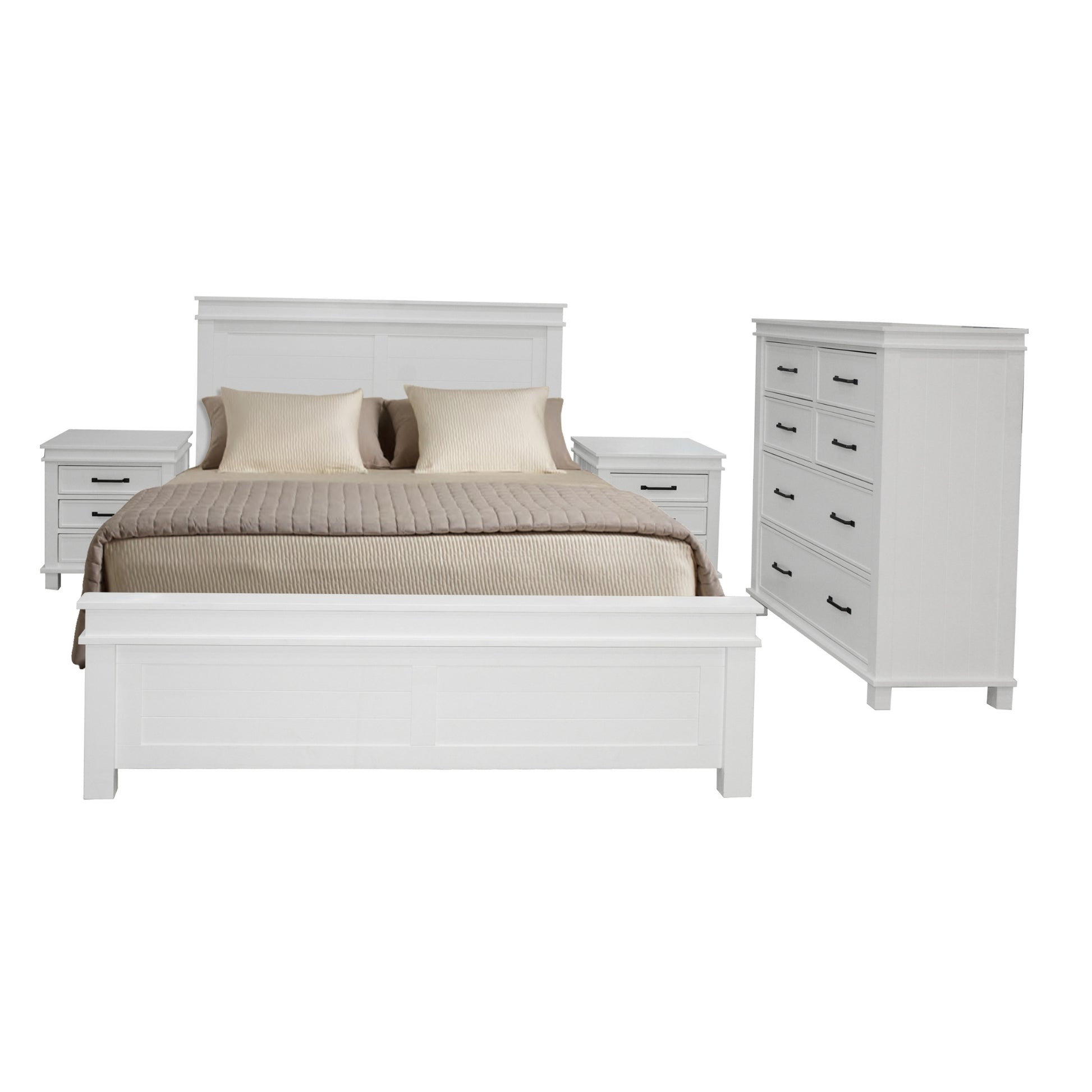 Lily 4pc King Bed Suite Bedside Tallboy Bedroom Furniture Package - White - Cosy Abode