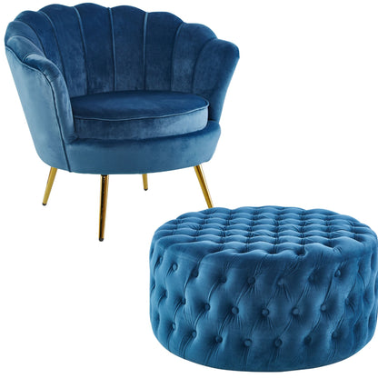 Bloomer Velvet Fabric Accent Sofa Love Chair Round Ottoman Set - Blue - Cosy Abode