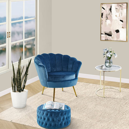 Bloomer Velvet Fabric Accent Sofa Love Chair Round Ottoman Set - Blue - Cosy Abode
