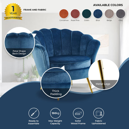 Bloomer Velvet Fabric Accent Sofa Love Chair Round Ottoman Set - Blue - Cosy Abode