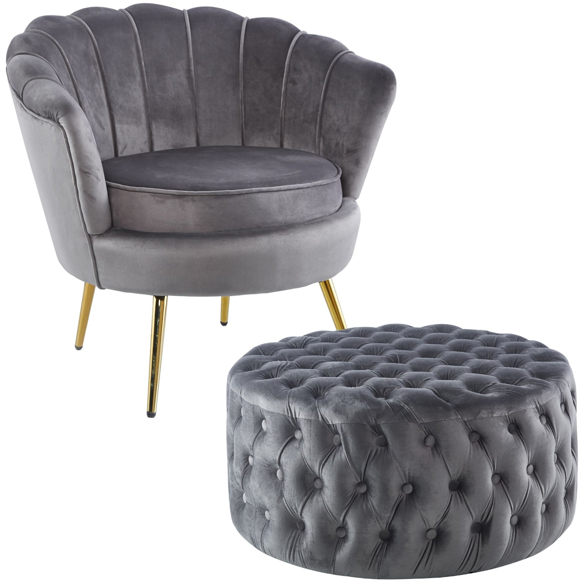Bloomer Velvet Fabric Accent Sofa Love Chair Round Ottoman Set - Grey - Cosy Abode