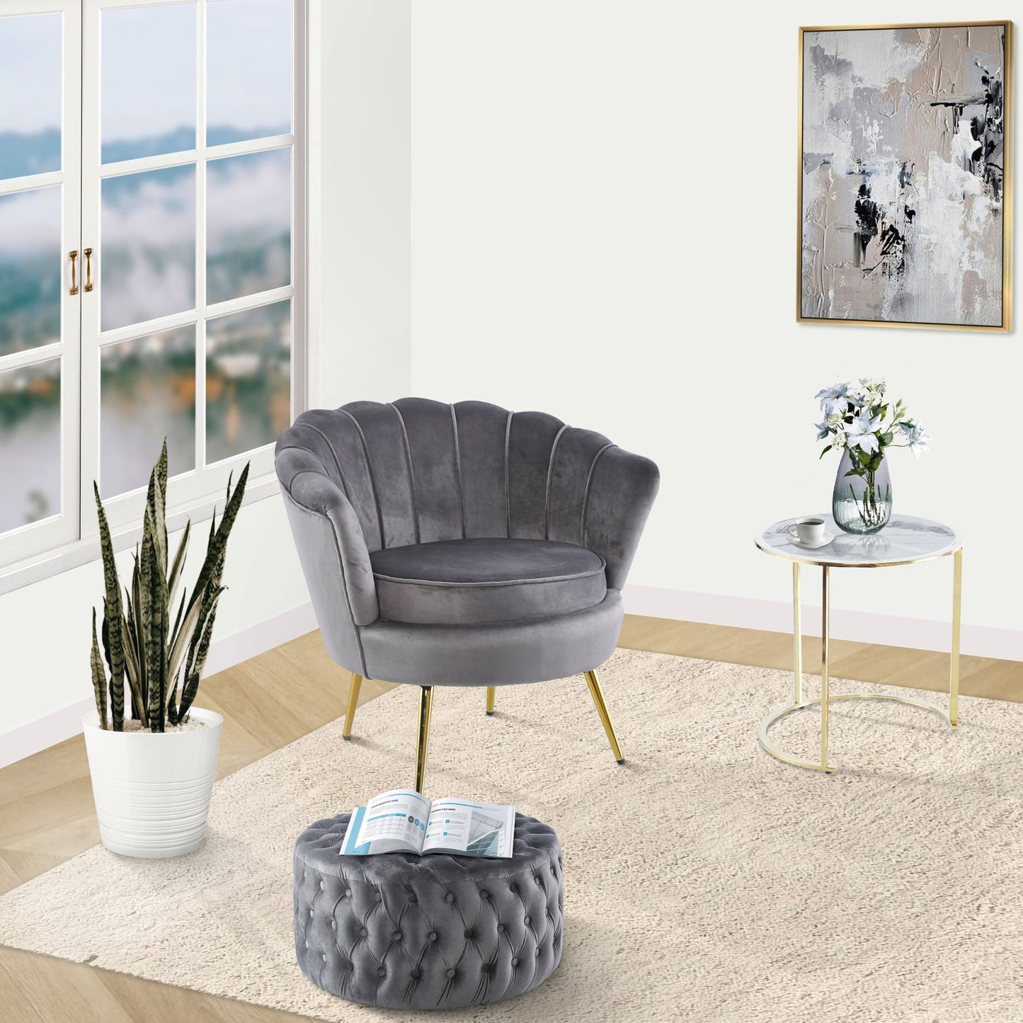 Bloomer Velvet Fabric Accent Sofa Love Chair Round Ottoman Set - Grey - Cosy Abode