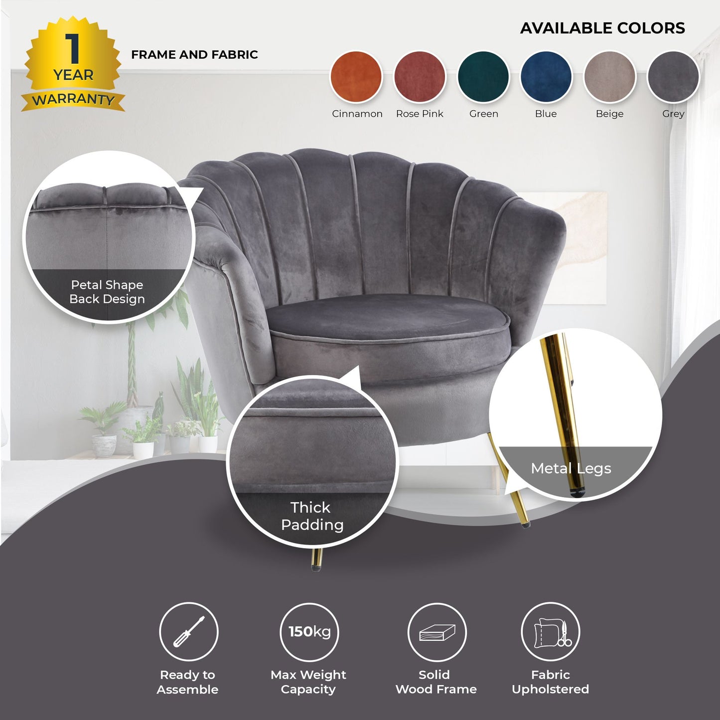 Bloomer Velvet Fabric Accent Sofa Love Chair Round Ottoman Set - Grey - Cosy Abode