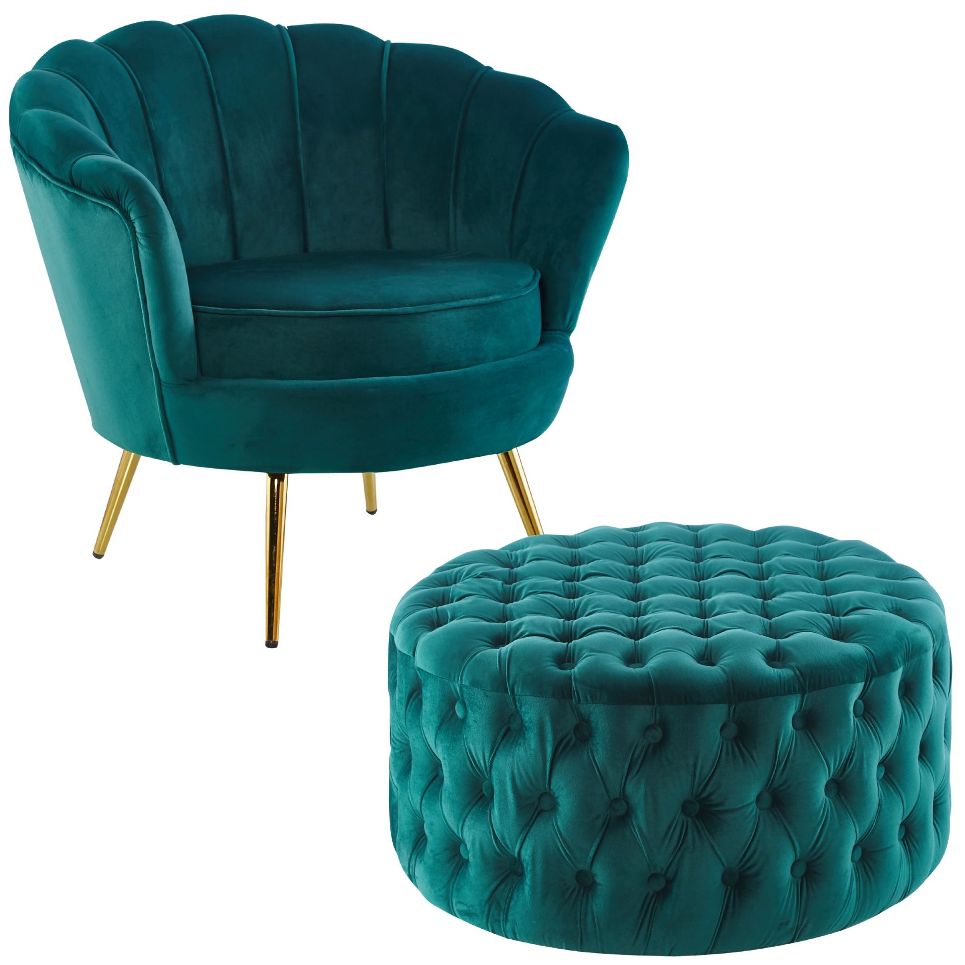 Bloomer Velvet Fabric Accent Sofa Love Chair Round Ottoman Set - Green - Cosy Abode