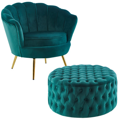 Bloomer Velvet Fabric Accent Sofa Love Chair Round Ottoman Set - Green - Cosy Abode
