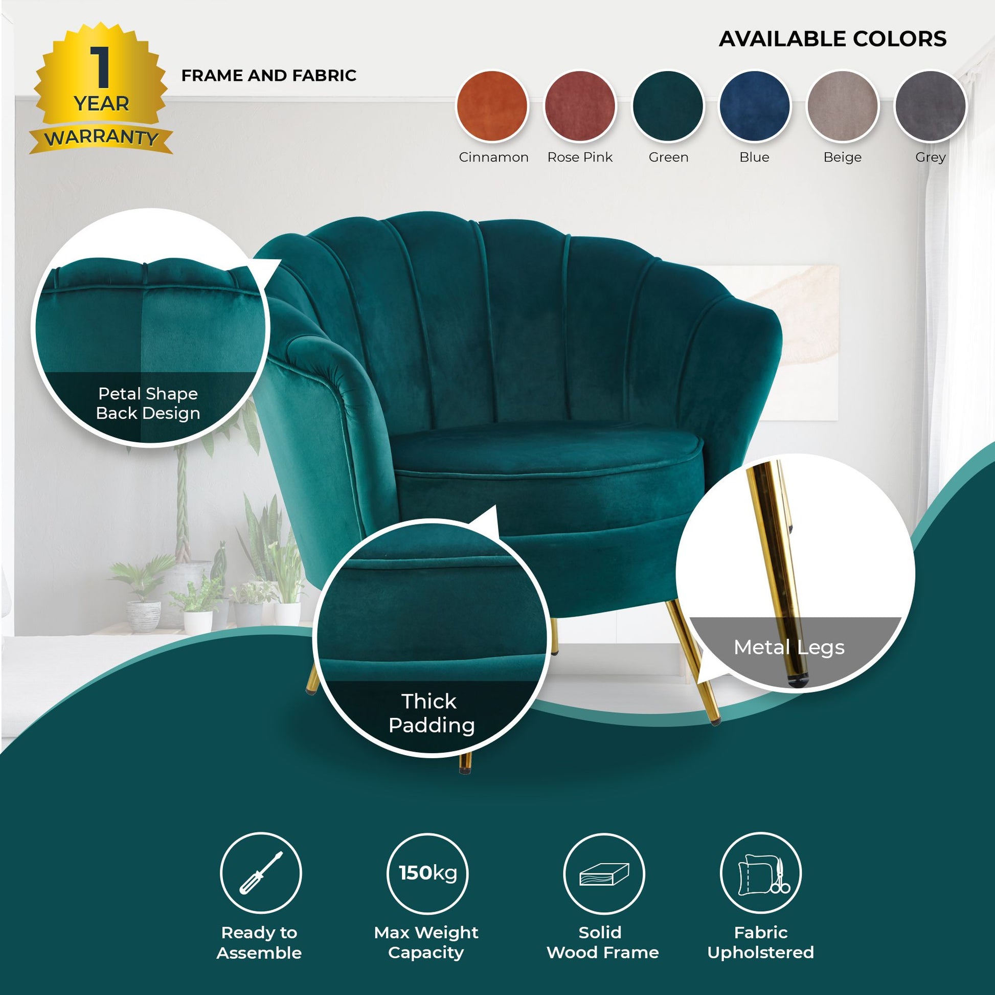 Bloomer Velvet Fabric Accent Sofa Love Chair Round Ottoman Set - Green - Cosy Abode