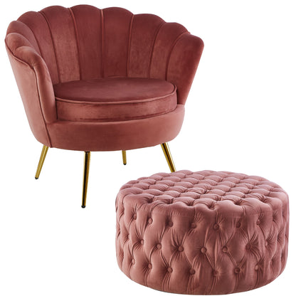 Bloomer Velvet Fabric Accent Sofa Love Chair Round Ottoman Set - Rose Pink - Cosy Abode