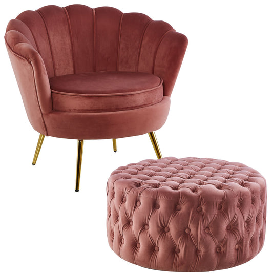 Bloomer Velvet Fabric Accent Sofa Love Chair Round Ottoman Set - Rose Pink - Cosy Abode