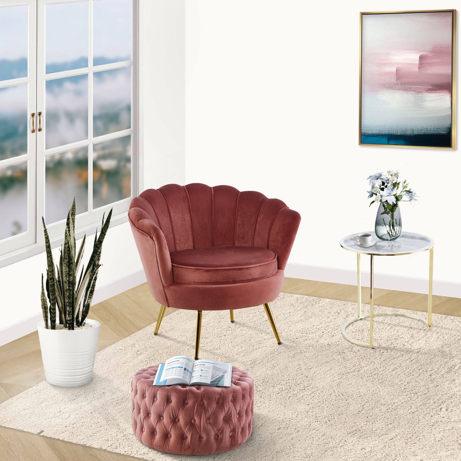Bloomer Velvet Fabric Accent Sofa Love Chair Round Ottoman Set - Rose Pink - Cosy Abode