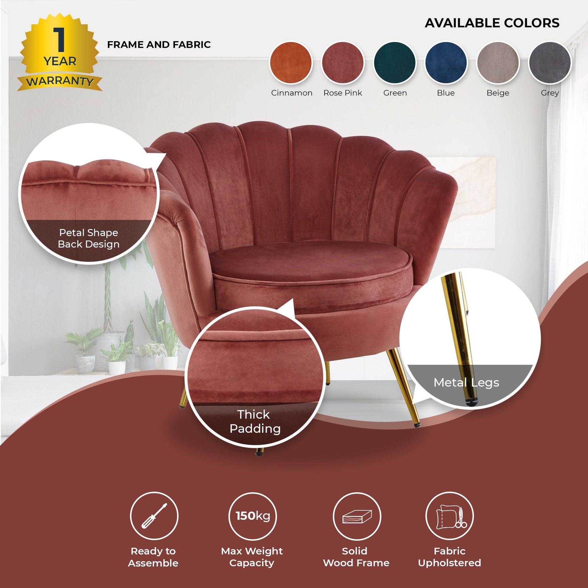 Bloomer Velvet Fabric Accent Sofa Love Chair Round Ottoman Set - Rose Pink - Cosy Abode