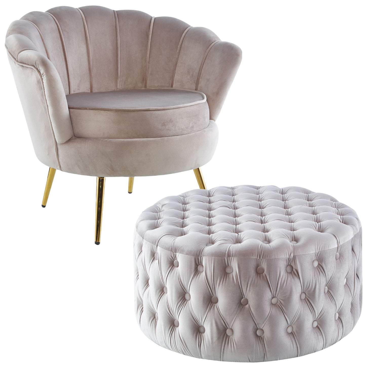 Bloomer Velvet Fabric Accent Sofa Love Chair Round Ottoman Set - Beige - Cosy Abode