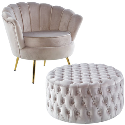 Bloomer Velvet Fabric Accent Sofa Love Chair Round Ottoman Set - Beige - Cosy Abode