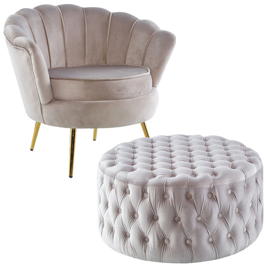 Bloomer Velvet Fabric Accent Sofa Love Chair Round Ottoman Set - Beige - Cosy Abode