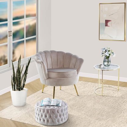 Bloomer Velvet Fabric Accent Sofa Love Chair Round Ottoman Set - Beige - Cosy Abode