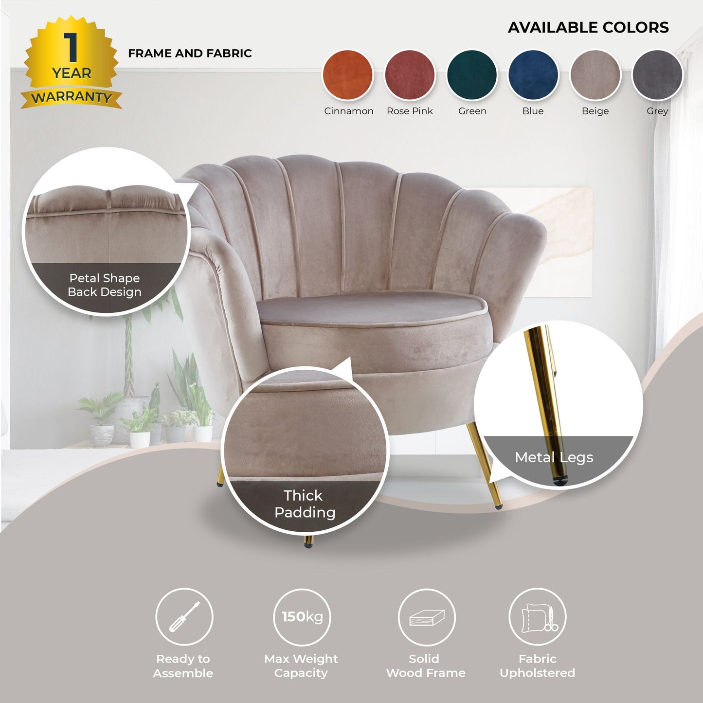 Bloomer Velvet Fabric Accent Sofa Love Chair Round Ottoman Set - Beige - Cosy Abode